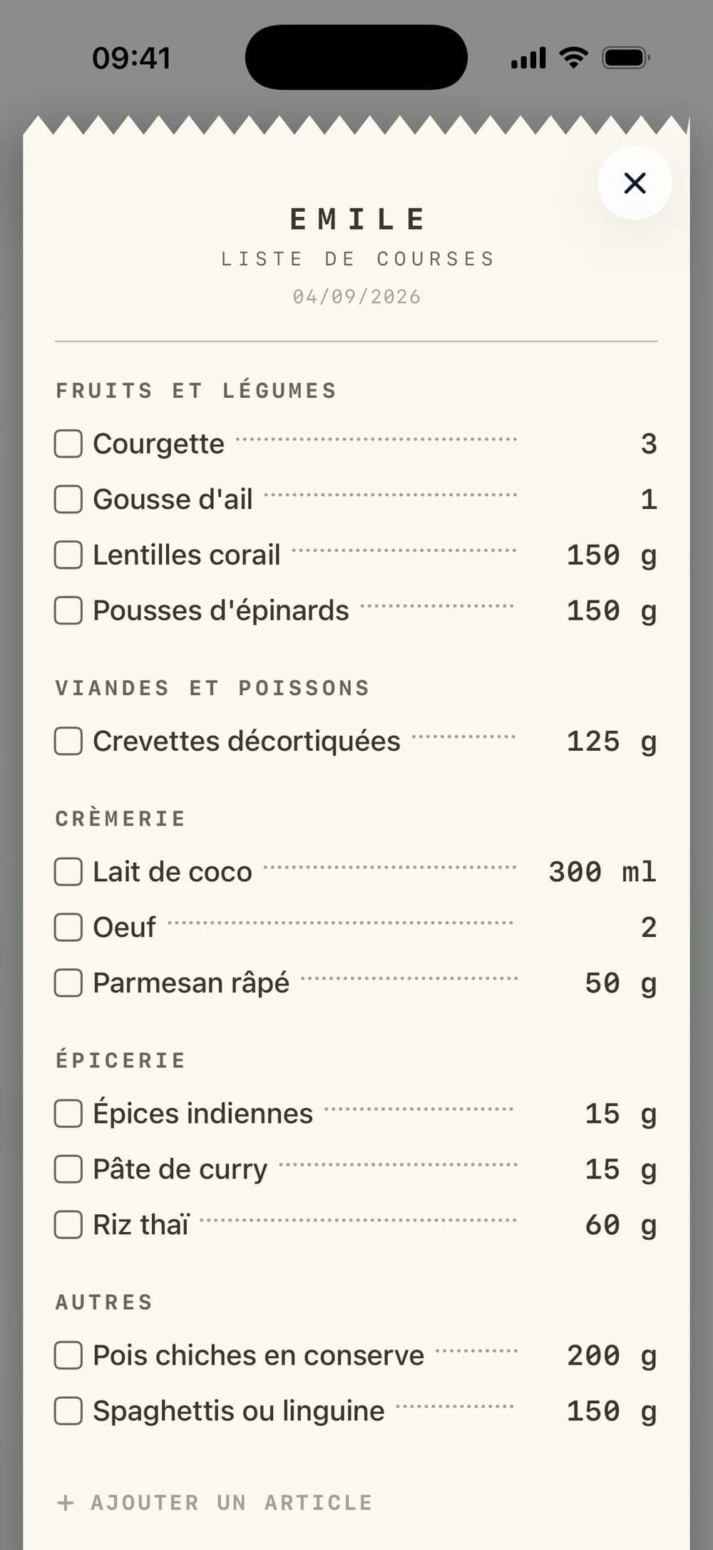 Liste de courses Émile regroupée par rayon avec les quantités et les cases à cocher