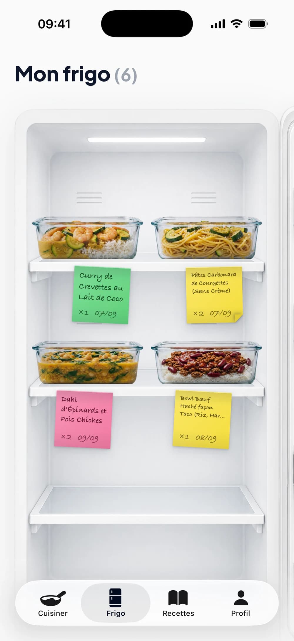 Le frigo Émile : tes portions prêtes à manger, rangées par étagère