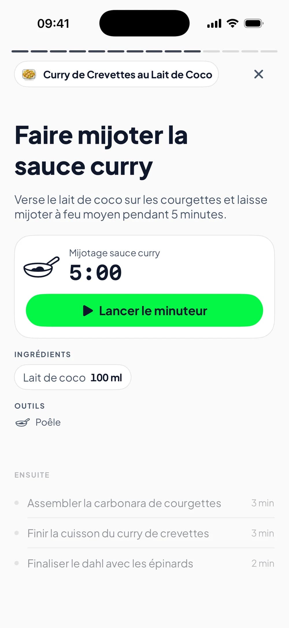 Étape du mode cuisine Émile avec minuteur, ingrédients et ustensiles
